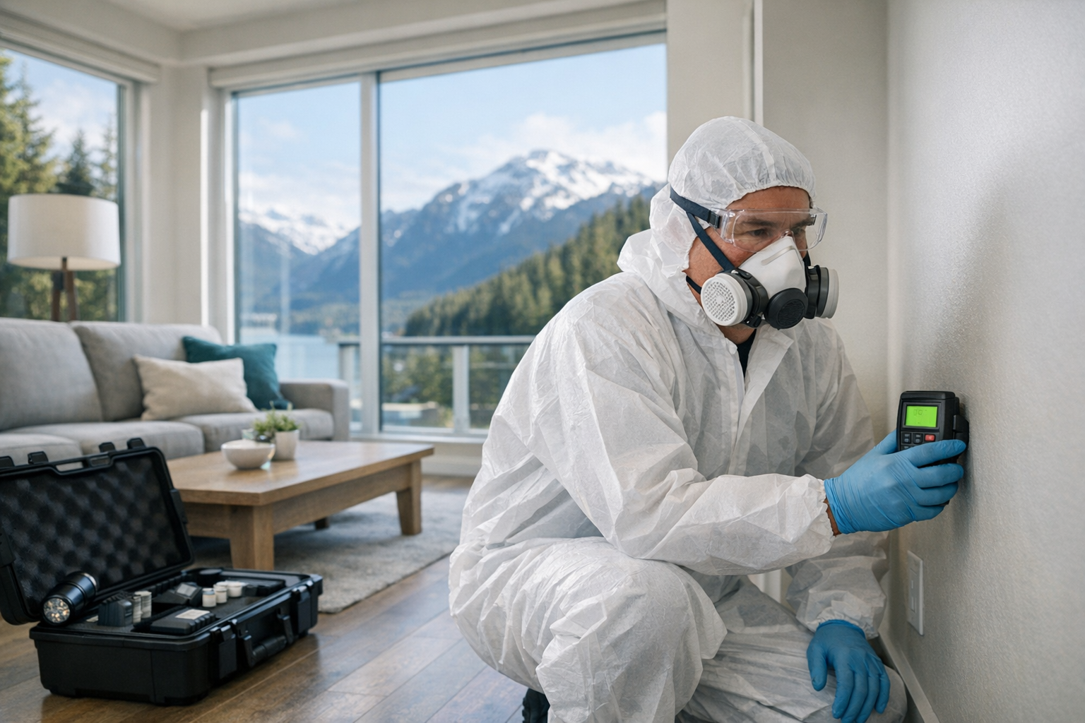 Mold inspector checking interior humidity and moisture levels in a Sea-to-Sky home.